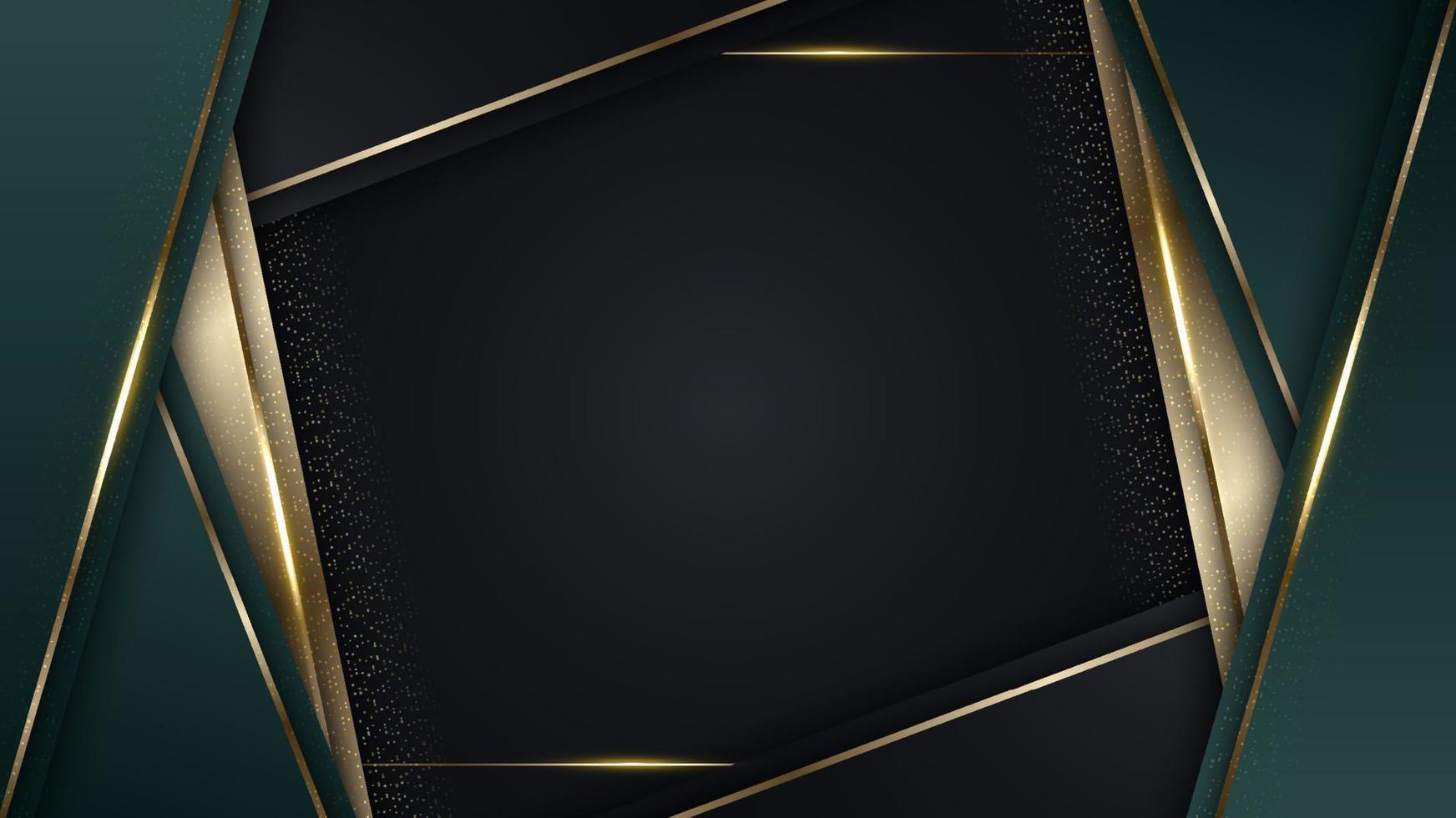3D-moderne luxe sjabloonontwerp groene en gouden strepen met gouden glitter lijn licht vonken op zwarte achtergrond vector