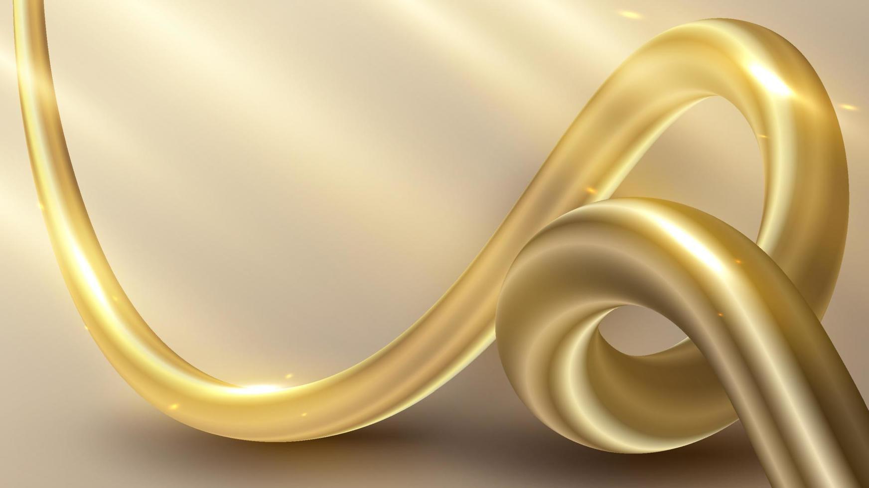 abstracte 3d elegante gouden vloeistof, vloeibare golf gebogen lijnen en licht vonken op gouden achtergrond luxe stijl vector