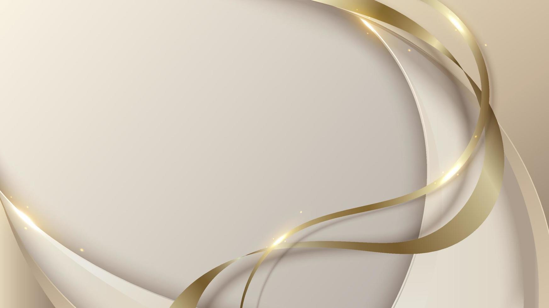 3D-moderne luxe sjabloonontwerp wit, lichtbruin gebogen vormen en gouden lint glitter golflijn licht vonken op schone achtergrond vector
