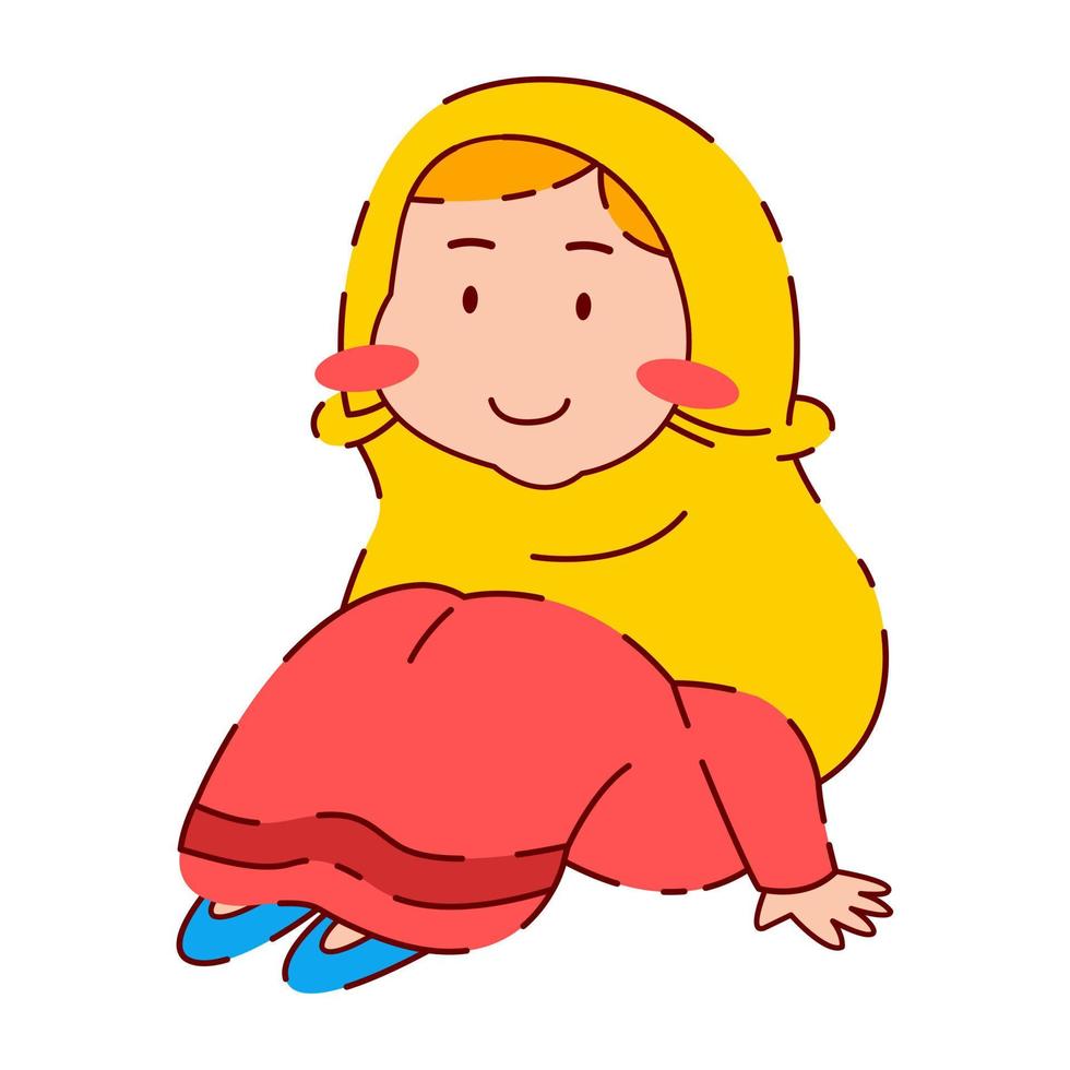 schattig glimlach moslim meisje dat hijab draagt en gaat zitten vector