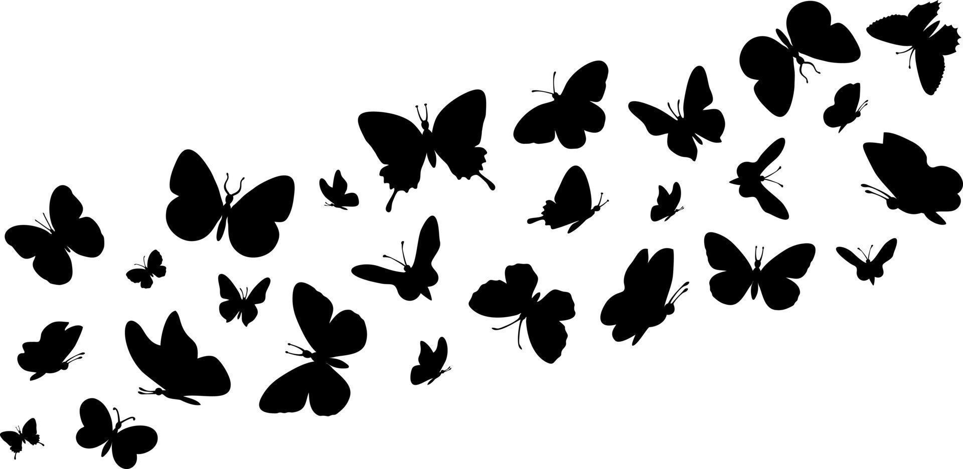 vliegende vlinders silhouetten. vlinders in de vlucht. vlinder naadloze grens. zwarte woud en tuin insecten vector illustratie. decoratieve elementen op wit voor ontwerp