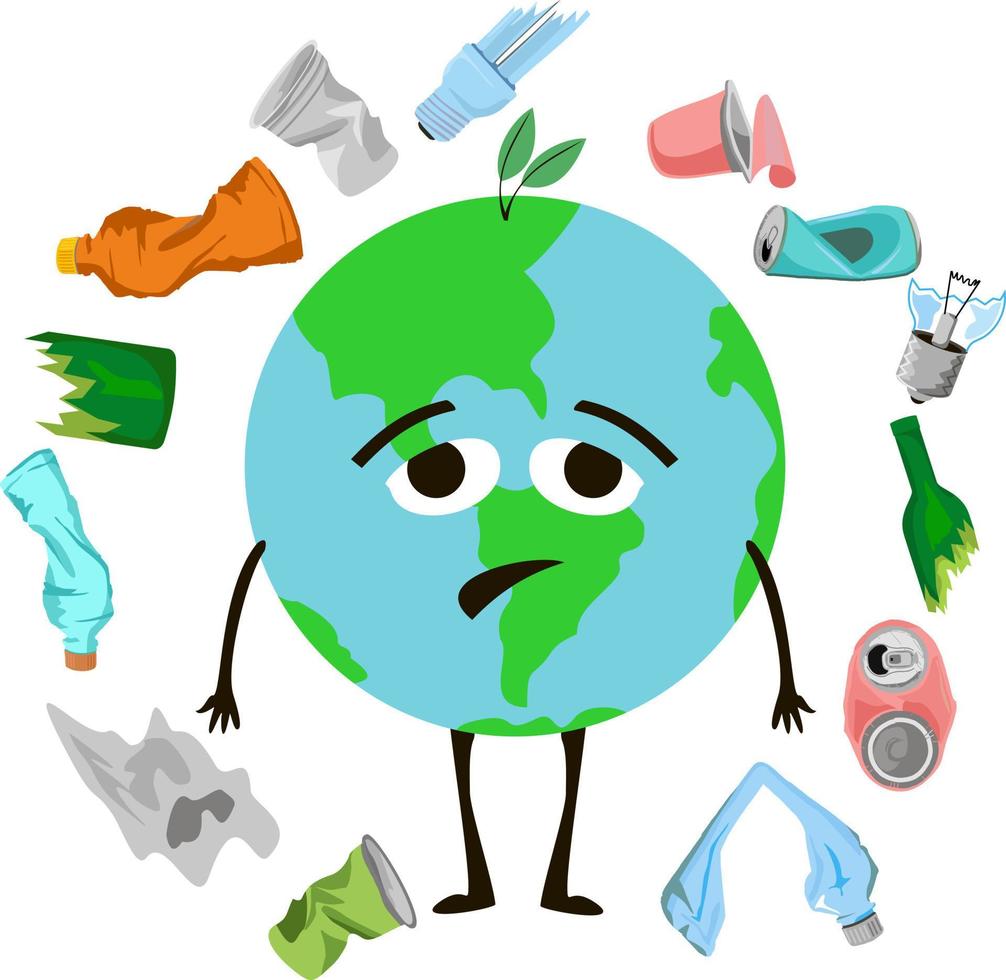 verdriet stripfiguur globe en afval rond. stop vervuiling wereld. opwarming van de aarde concept. poster over het ecologische probleem van plasticvervuiling. vector