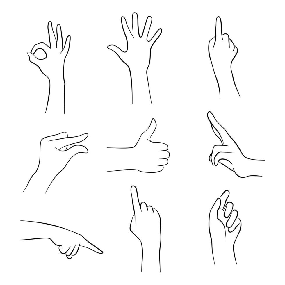 handen set elementen poseren. maak een symbolisch gebaar ok, spreid hand, wijs, hand knijp, geweldig, v-teken naar de zijkant gericht. vectorillustratie. vector