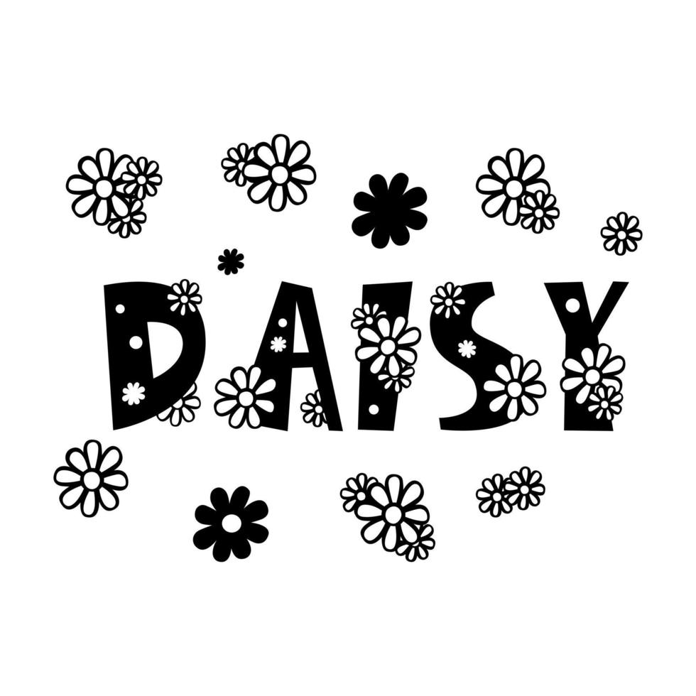 zwarte silhouet kleine bloemen met belettering 'daisy' op witte achtergrond. vectorillustratie voor versieren en elk ontwerp. vector