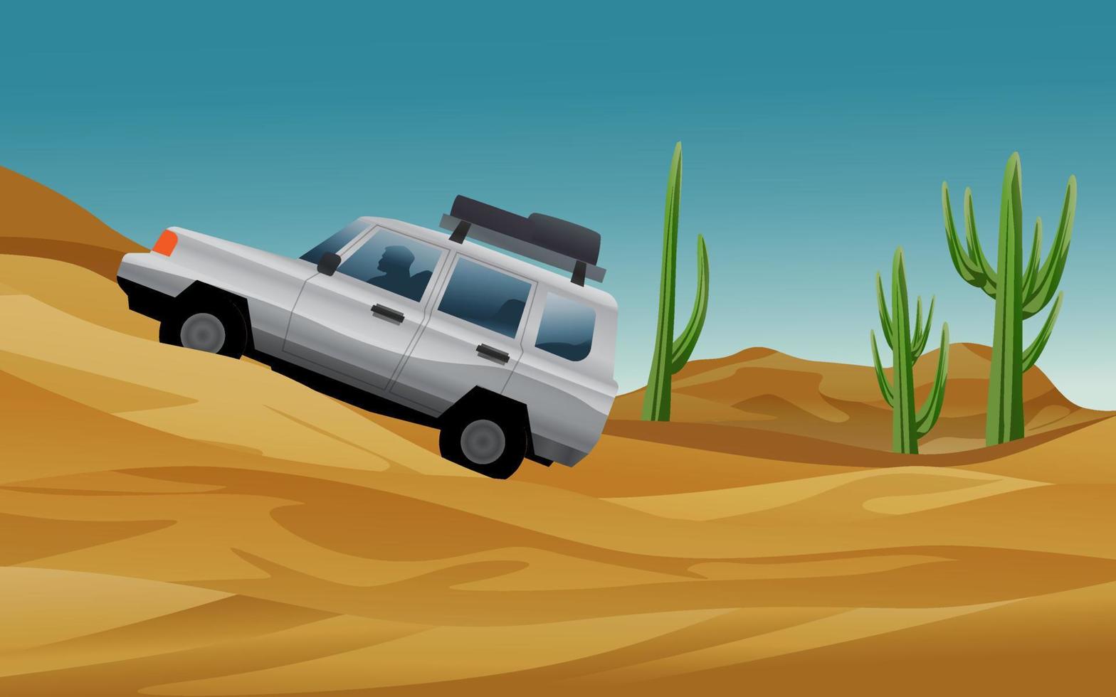 woestijnavontuurachtergrond met off-road auto en cactus vector