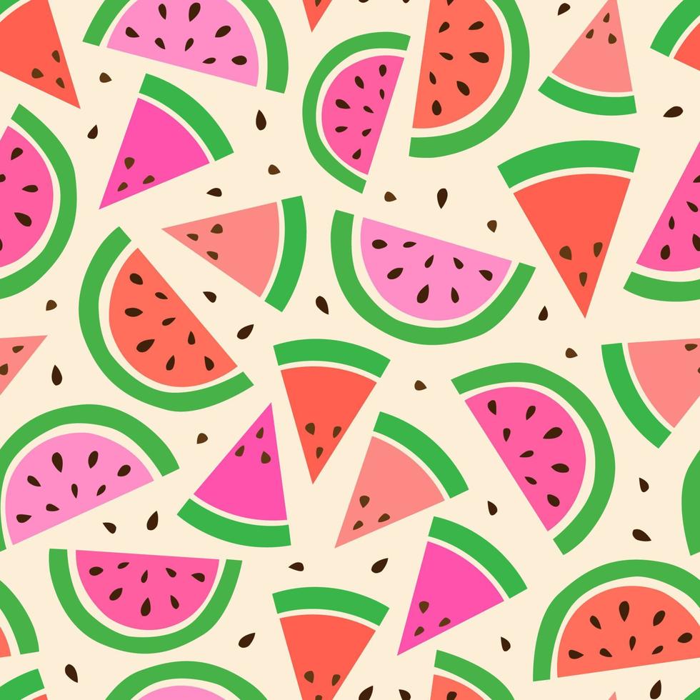 naadloos patroon van plakjes watermeloen. heerlijke print, verpakking, stof, oppervlaktedesign. samenstelling van sappig fruit, spandoek, poster, ansichtkaart. natuurlijk gezond product voor gezonde voeding vector