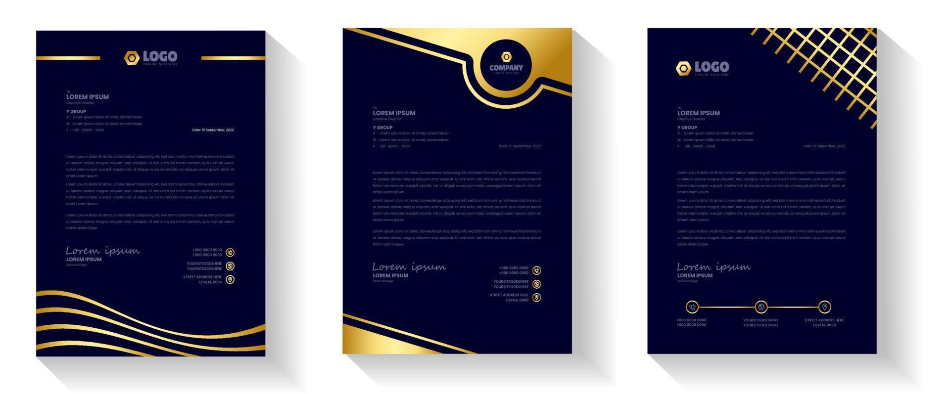 gouden kleur luxe briefpapier. zakelijke moderne zakelijke luxe briefhoofd ontwerpsjabloon met gouden kleur. briefhoofd, briefhoofd, zakelijk briefhoofdontwerp. zwart briefhoofd, gouden briefhoofd vector