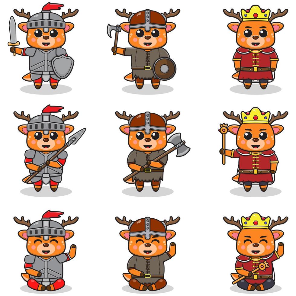 vectorillustraties van hertenkarakters in verschillende middeleeuwse outfits. vector