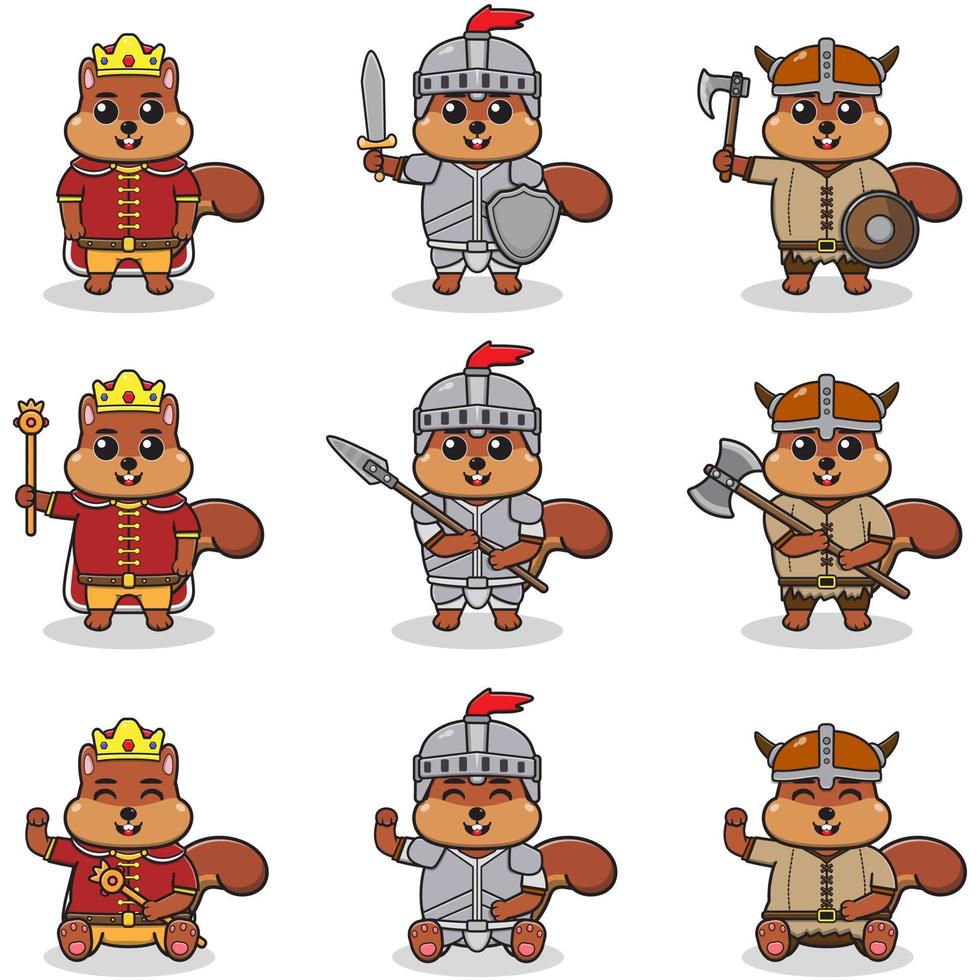 vectorillustraties van eekhoornkarakters in verschillende middeleeuwse outfits. vector