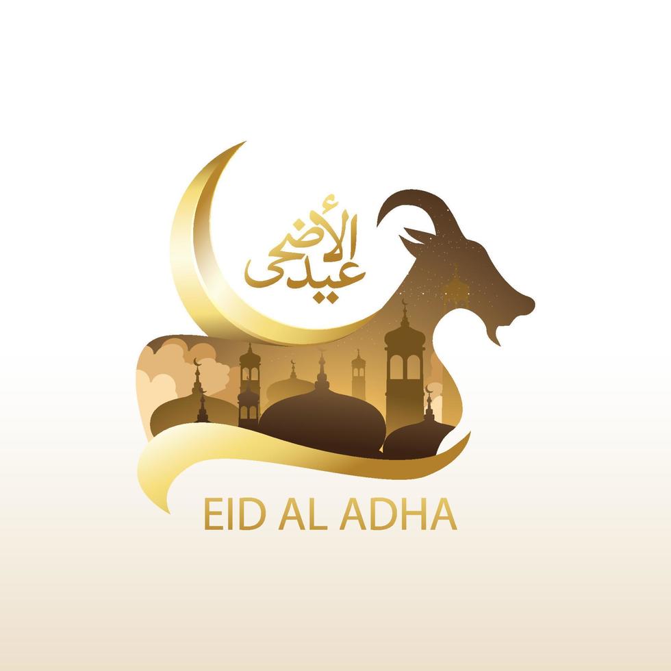 eid al adha Arabische woordkalligrafie met geit, halve maan en moskee. vector illustratie