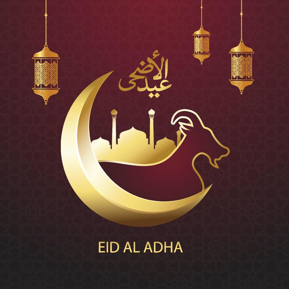 eid al adha Arabische woordkalligrafie met geit, halve maan en moskee. vector illustratie