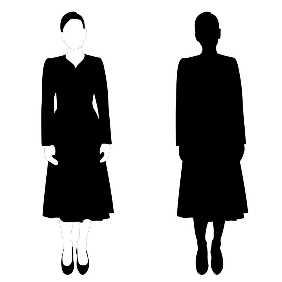 de omtrek van een zwart-wit silhouet van een slank, stijlvol meisje in een modieus pak dat staat. volwassen model. vector