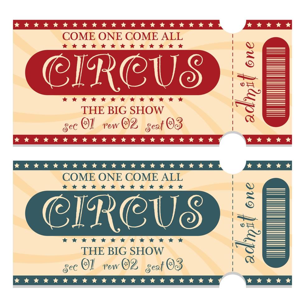 ontwerpsjabloon voor circustickets met afneembaar of afscheurbaar deel en streepjescode. vectorillustratie in vlakke stijl van circus entree talon, toegangscoupon voor grote show met vermelding van de sector, rij en plaats. vector