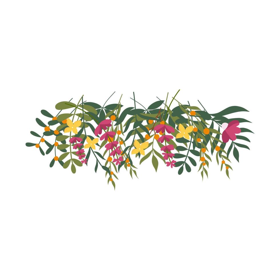 legant bloemenbanner met groene bladeren, kleurrijke heldere bloemen en bessen. vector