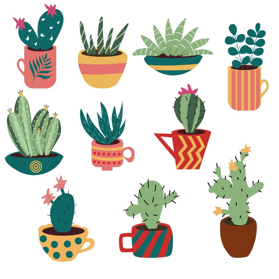 set van kleurrijke handgetekende cactussen in verschillende potten en kopjes. vector