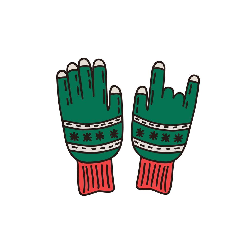 paar handschoenen doodle stijl. groen kledingstuk. geïsoleerde achtergrond. vector handgetekende illustratie.