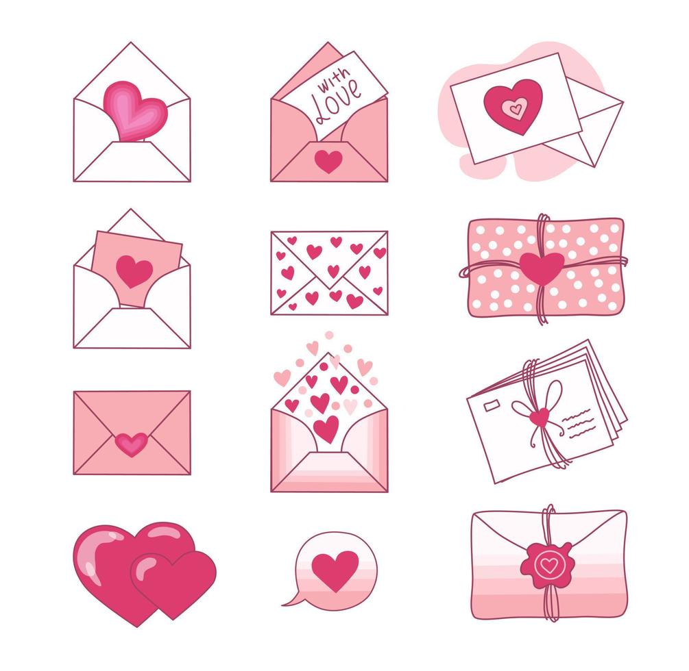 set van liefdesbrieven en valentijnskaarten op een witte achtergrond. Valentijnsdag. vector. vector