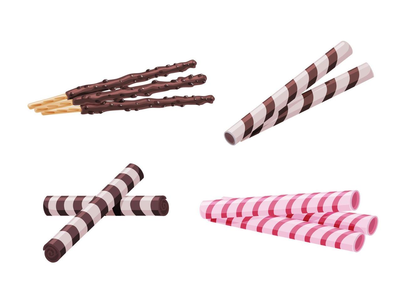 verschillende koekjeswafelstokken met chocolade die op een witte geïsoleerde achtergrond worden geplaatst. heerlijk toetje. vector cartoon illustratie
