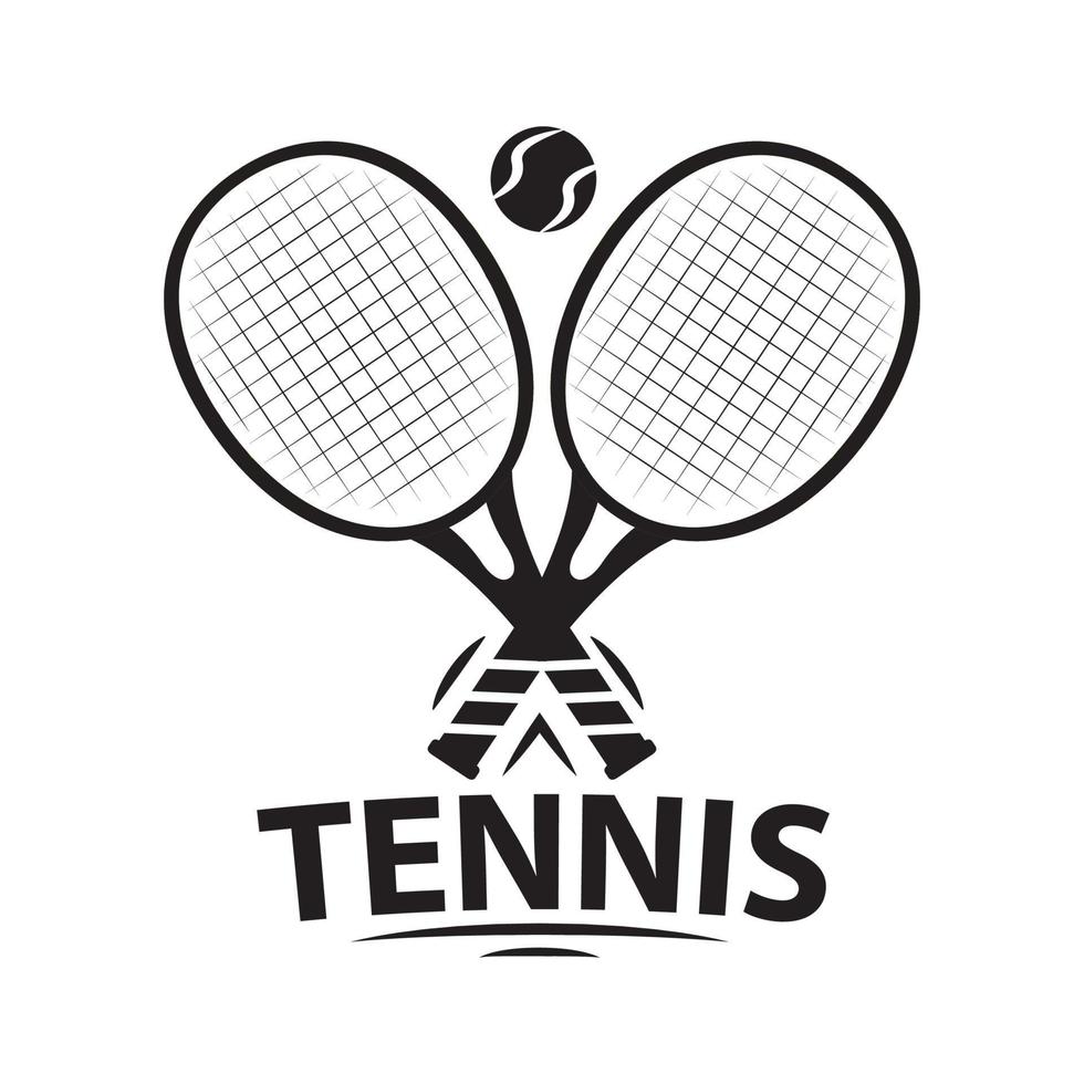 tennisballen en racket.sports, fitness, vector design.crossed racket zwart silhouet logo is geïsoleerd op een witte achtergrond.