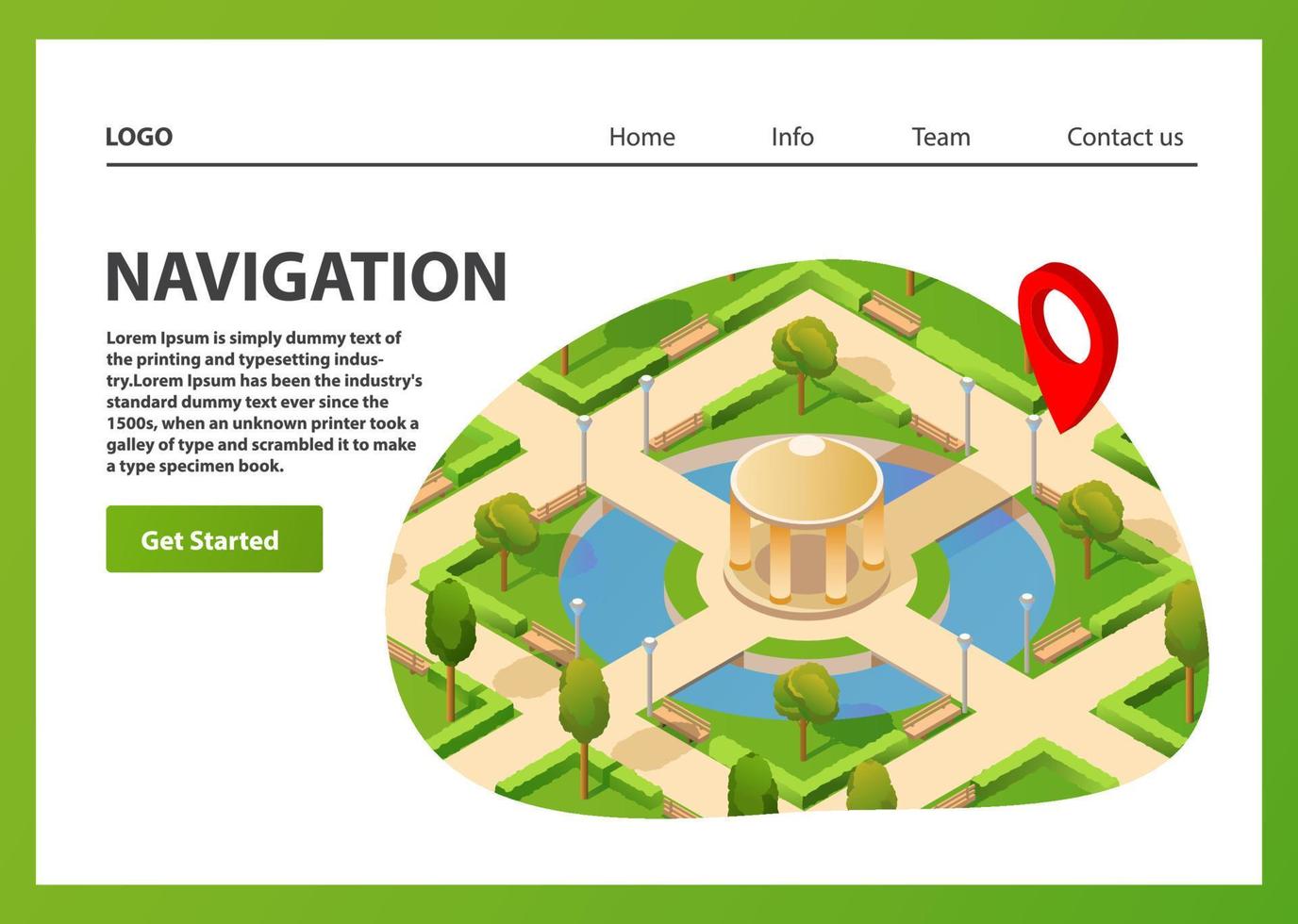 isometrische kaart mobiele gps-navigatie. openbare zomer park navigator pin rode color.landing page template.web page.website template.park steegje met bomen, met een vijver en banken en een prieel vector. vector