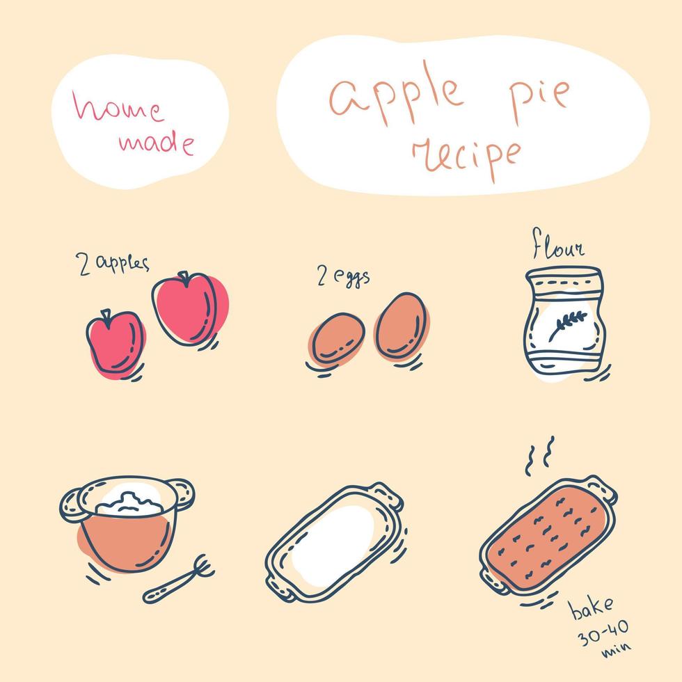 zelfgemaakte appeltaart handgetekende recept. bakkerij voorbereiding vector doodle voedsel.