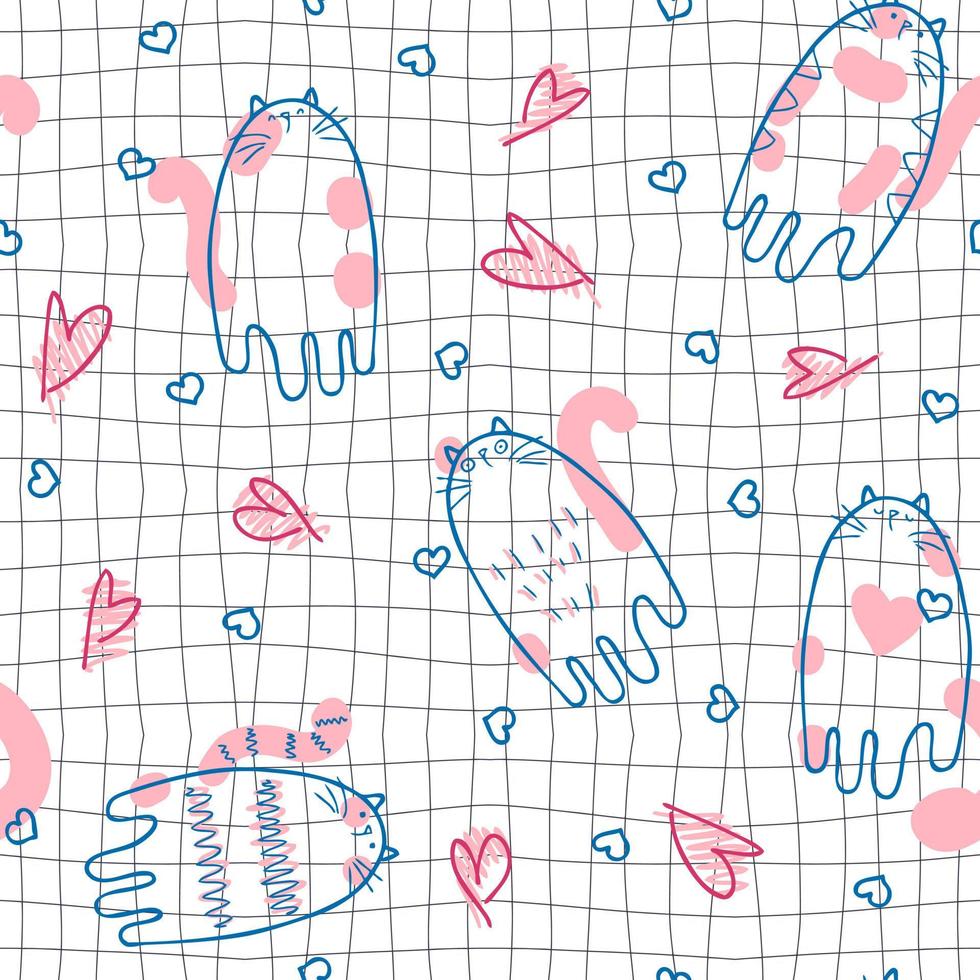 romantische naadloze patroon met katten en harten op raster vervormde achtergrond. vector