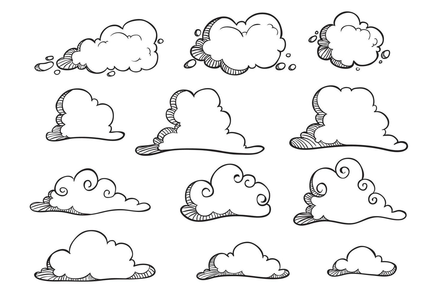 verzameling van wolken hand getrokken of schets op witte achtergrond vector