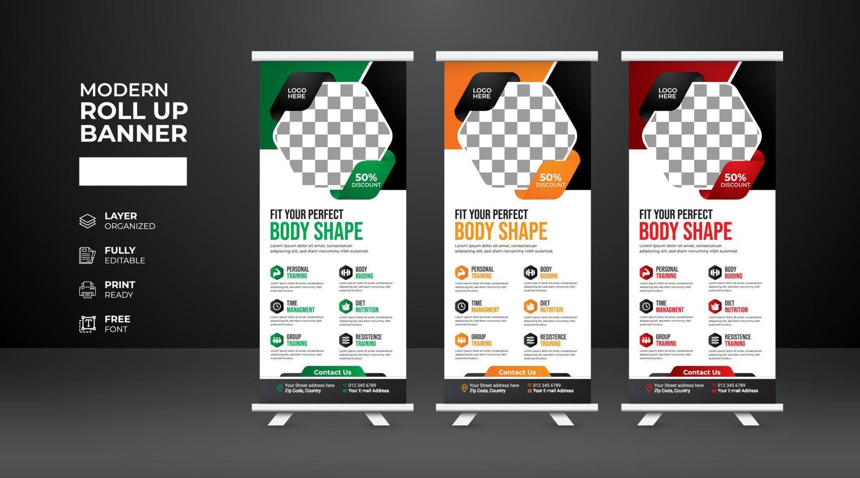 moderne en creatieve sportschool fitness roll-up bannersjabloon vector