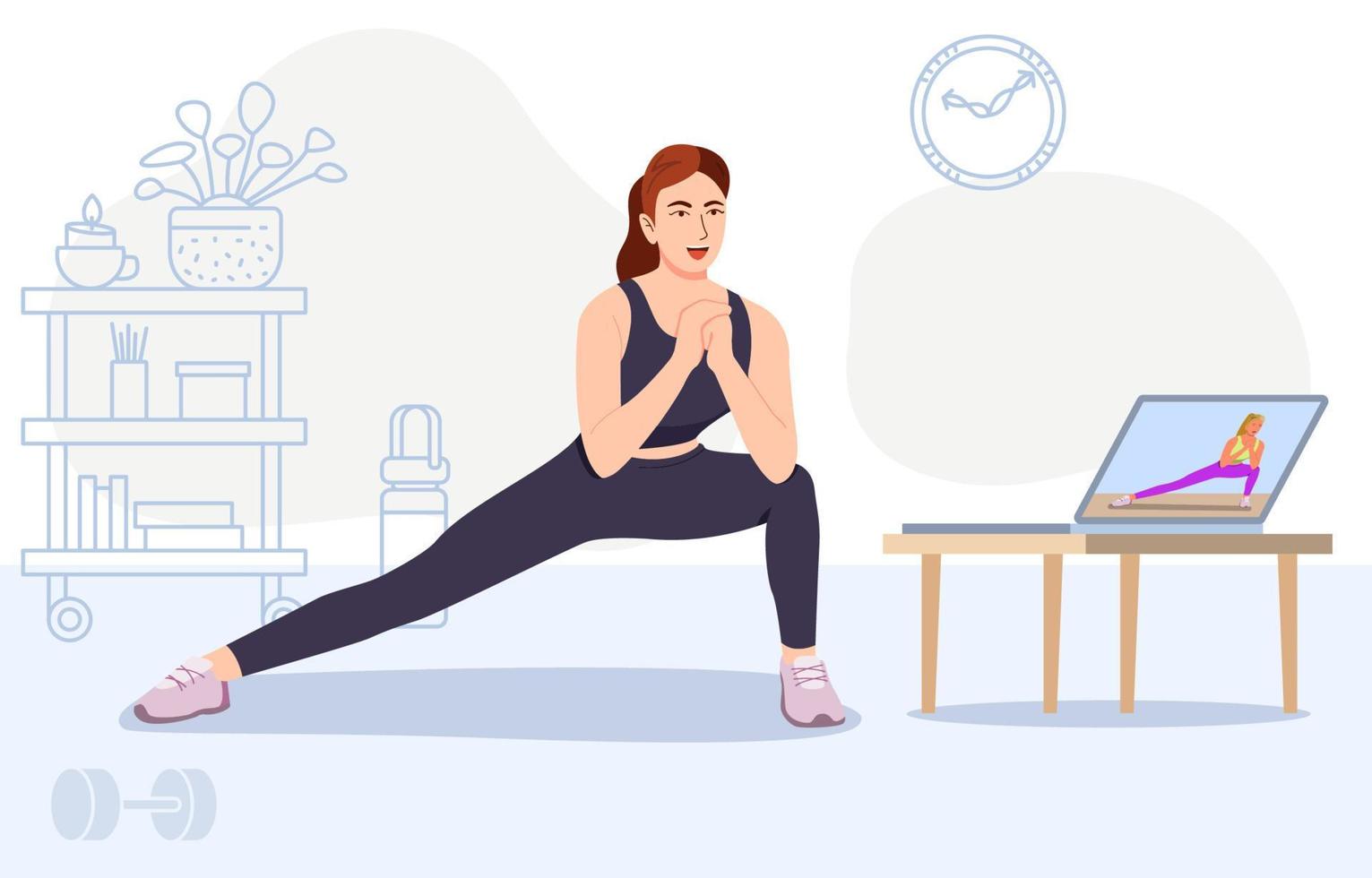 jonge vrouw die geniet van online yogales, online training, gezonde levensstijl, actieve recreatie, vrouw die yoga-oefeningen doet. vectorillustratie. vector