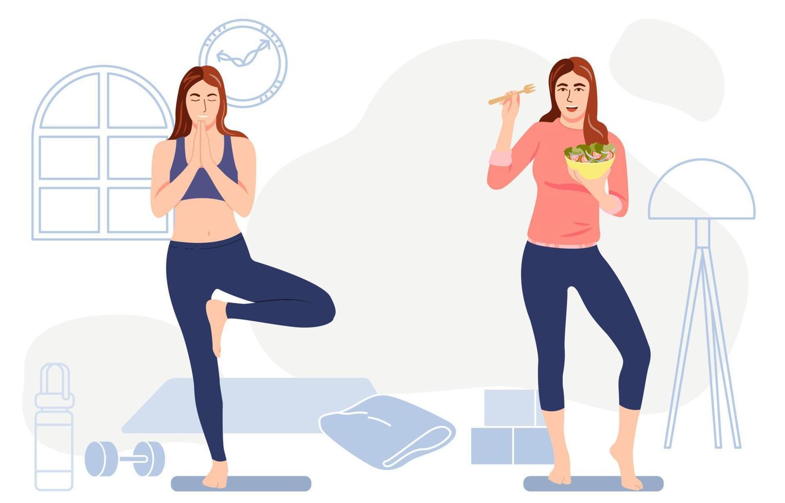 gezonde vrouw oefent door yoga en eet een salade, controleert gewicht, gezonde levensstijl concept vectorillustratie. vector