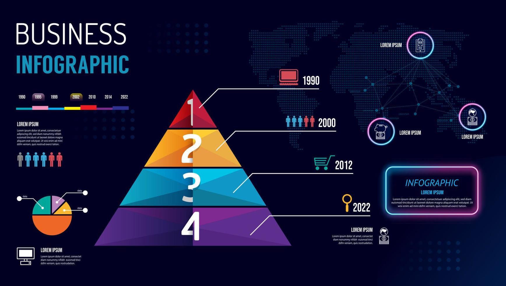 vector infographic piramide labelsjabloon met pictogrammen. online bedrijfspictogram neon. kan worden gebruikt voor infographics, stroomschema's, presentaties, websites, banners, drukwerk.