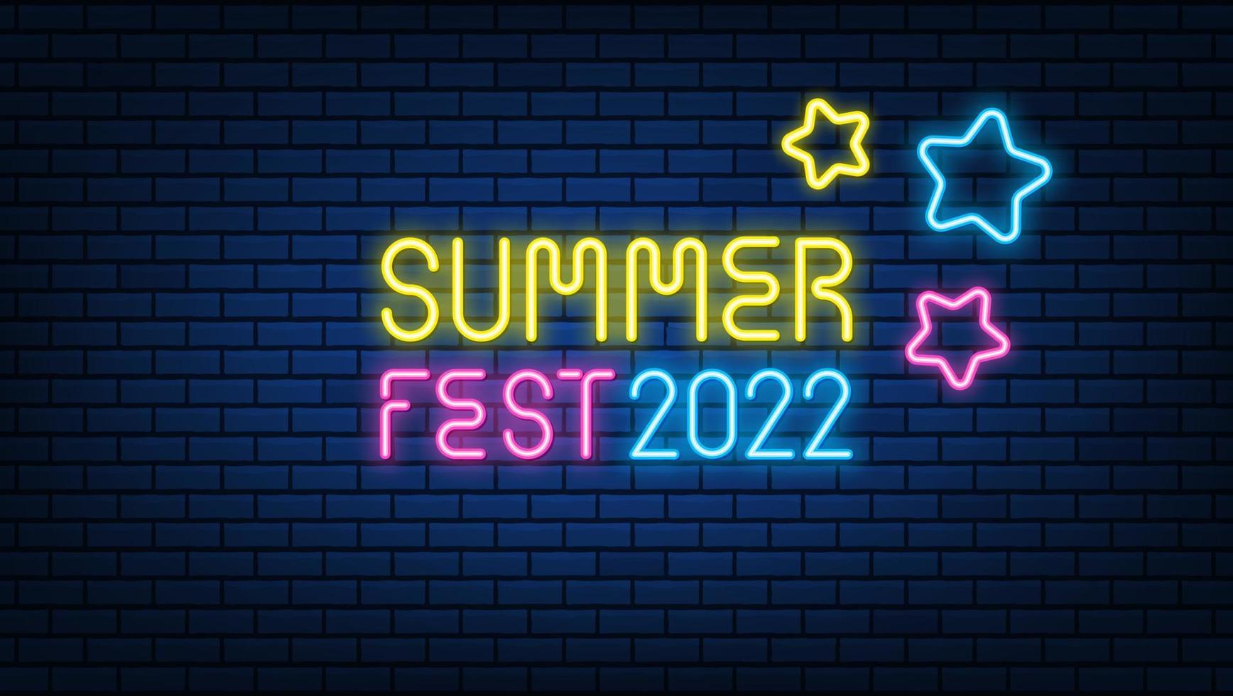 neon zomerfeest tekst 2022 borden gloeiende kleur glanzende led of halogeenlampen frame banners. op bakstenen muur vector set.