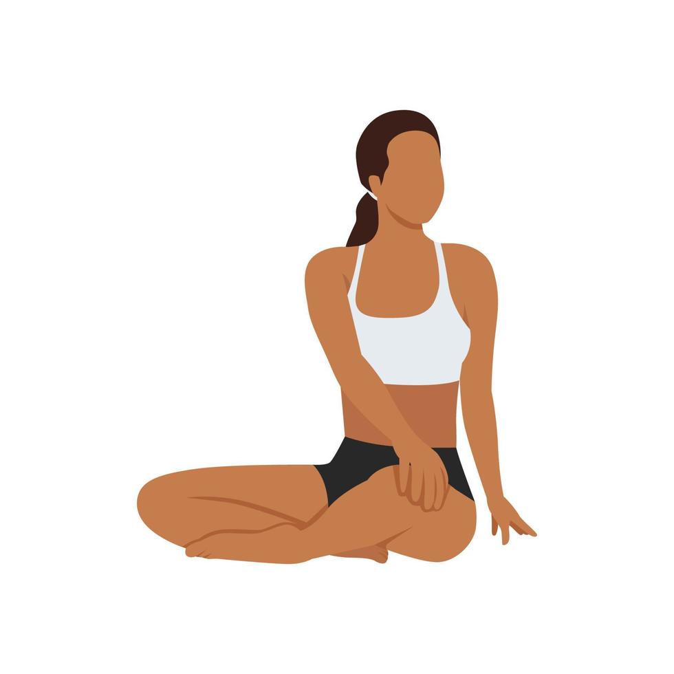 vrouw doet zittende spinale twist pose parivrtta sukhasana oefening. platte vectorillustratie geïsoleerd op een witte achtergrond vector