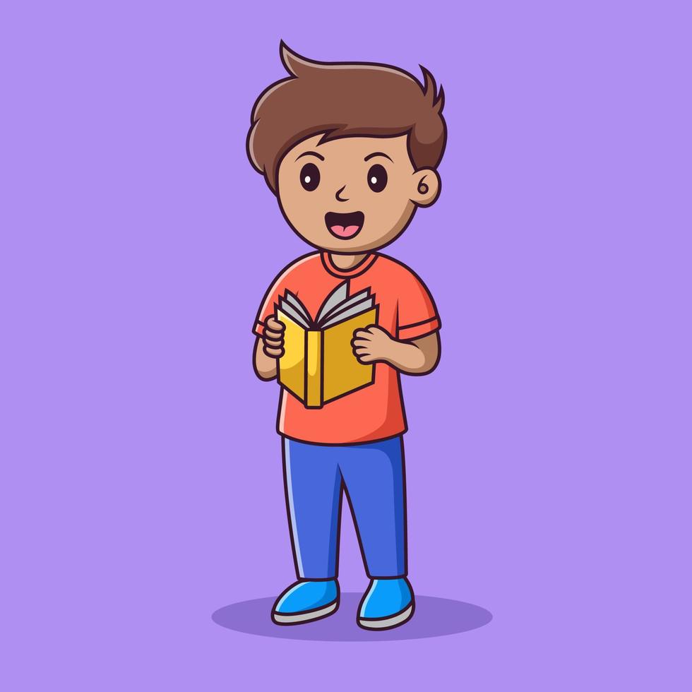 schattige kleine jongen cartoon lezen van een boek, cartoon vectorillustratie, cartoon clipart vector