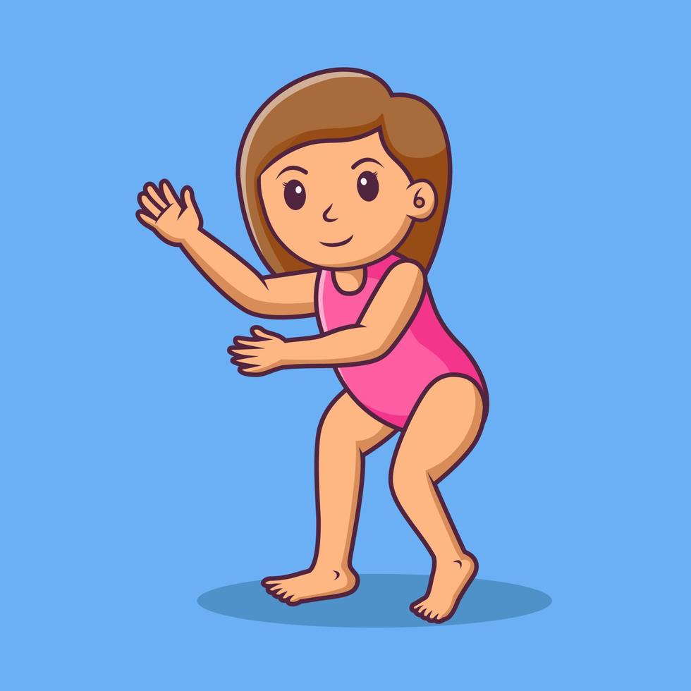 schattig cartoon meisje in zwemkleding, cartoon meisje in zomervakantie, vector cartoon afbeelding