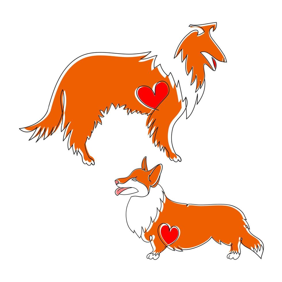 twee honden in de stijl van lineaire kunst. hondenras collie en pembroke welsh corgi. vector