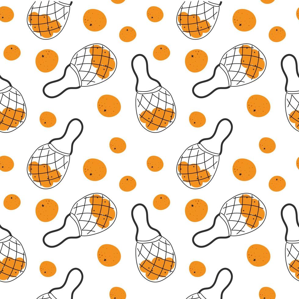naadloos patroon van netzakken met sinaasappelen. doodle stijlelementen. ecologische tassen. netzakken. ecologie. heldere sinaasappelen. geschikt voor textiel, verpakkingen vector