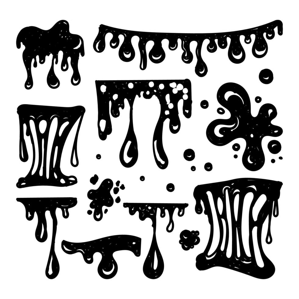 slijm set. slime frame, doodle-stijl geschilderde elementen. zwarte spatten van slijm, uitrekkend slijm, giftig druipend slijm. slijmspatten en druppels, vloeibare randen. geïsoleerde vector decoratieve vormen