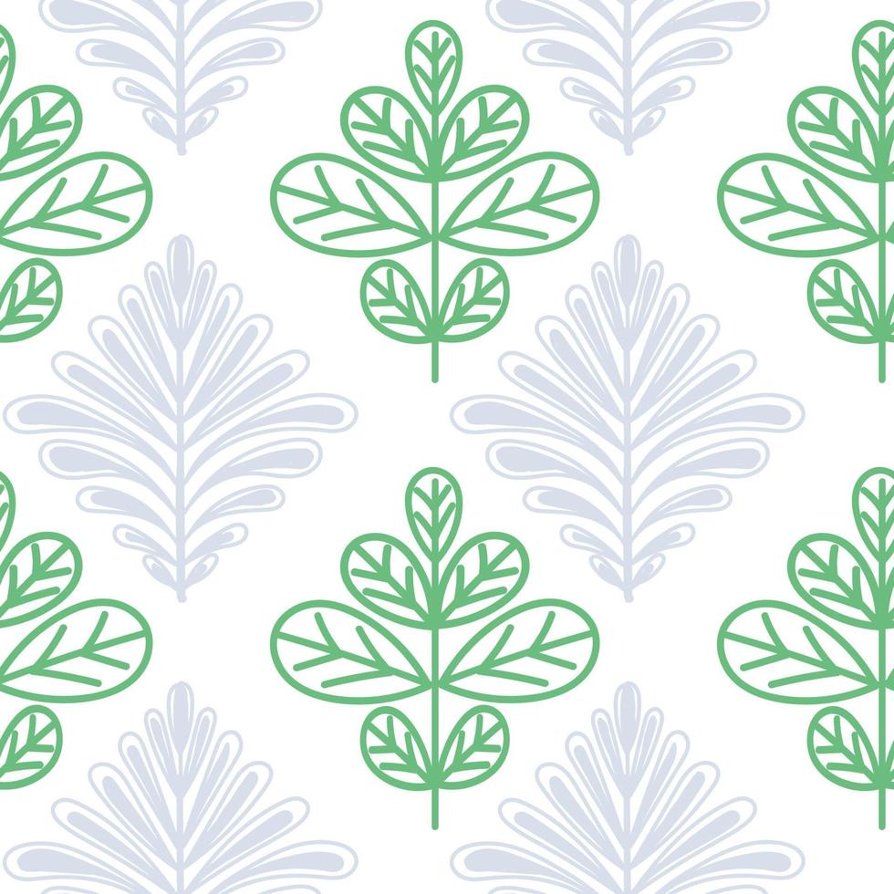 een naadloos patroon van plantelementen, een handgetekende doodle. monochroom palet. fantasiebladeren van verschillende planten. geometrie. Damascus. vectorillustratie. vector