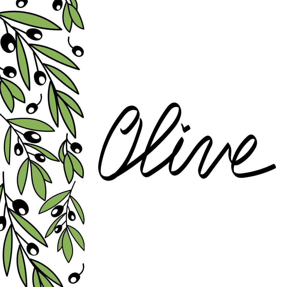 sjabloon voor spandoek van de olijfboom. hand getrokken doodle stijl achtergrond. handgetekende olijf belettering. ontwerp voor olijfolie, olijfverpakkingen, natuurlijke cosmetica, gezondheidsproducten vector