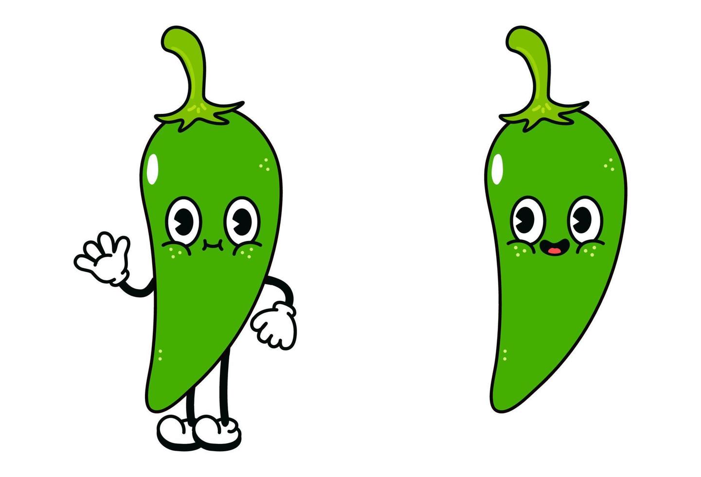 leuke grappige groene chili peper zwaaiende hand karakter. vector hand getekend traditionele cartoon vintage, retro, kawaii karakter illustratie pictogram. geïsoleerd op een witte achtergrond. chili peper karakter