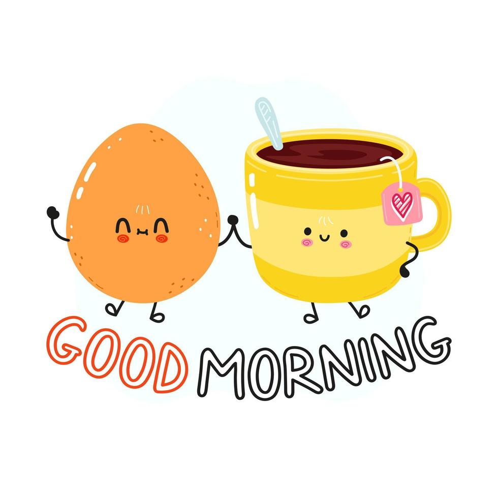 schattig gelukkig gebakken ei en koffiekopje. vector cartoon karakter illustratie. goedemorgen kaart