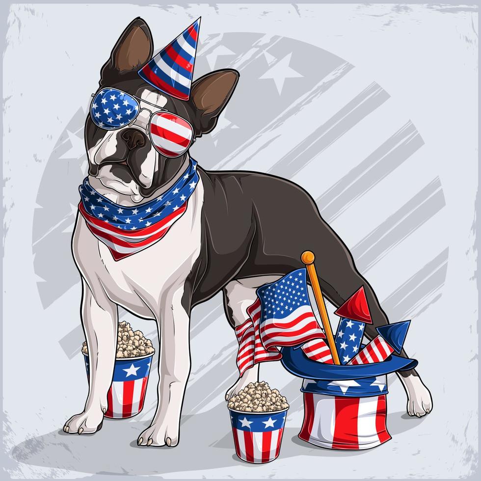 boston terrier hondenras in 4 juli vermomming met gestreepte pet en zonnebril, met usa vlag en vuurwerk vector