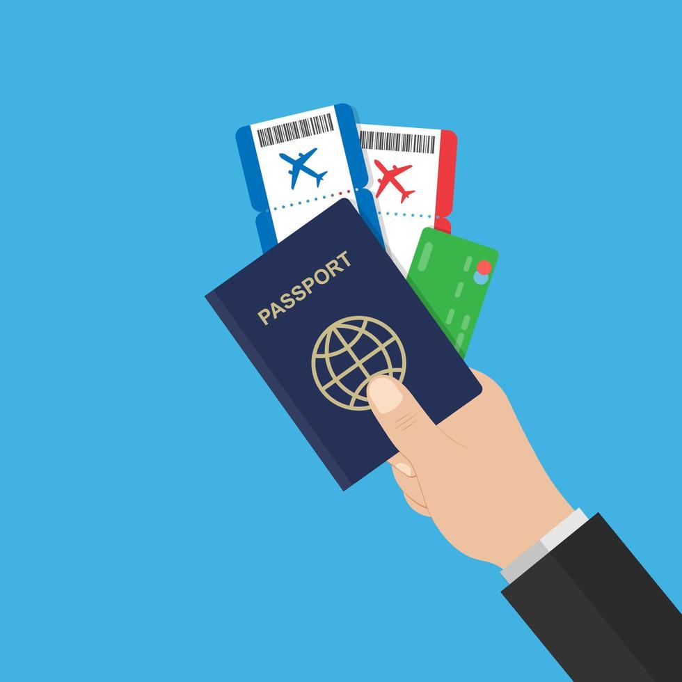 hand houdt paspoort vliegtickets en creditcard. vector