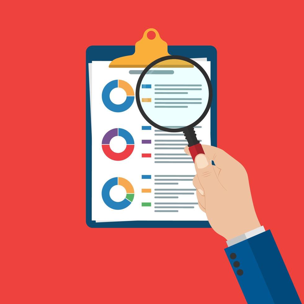 vergrootglas in de hand. audit onderzoeksvectoren icoon, financiële rapport data-analyse, analytics accounting concept met grafieken en diagrammen. vector