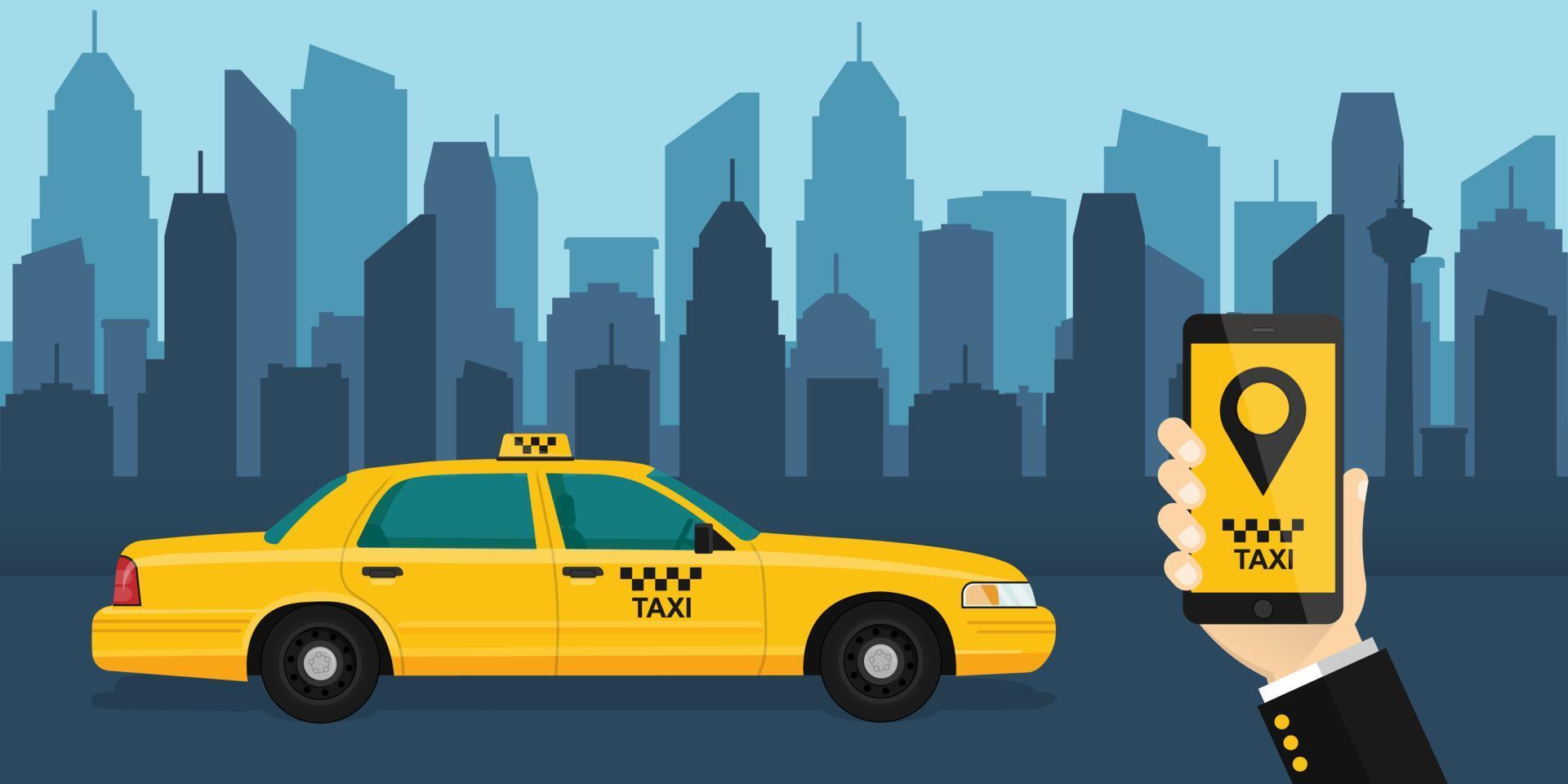 hand houdt een mobiele telefoon vast met de applicatie op het scherm. taxiservice-applicatie op een smartphone om services te bestellen. gele taxi op de achtergrond van de stad. vector