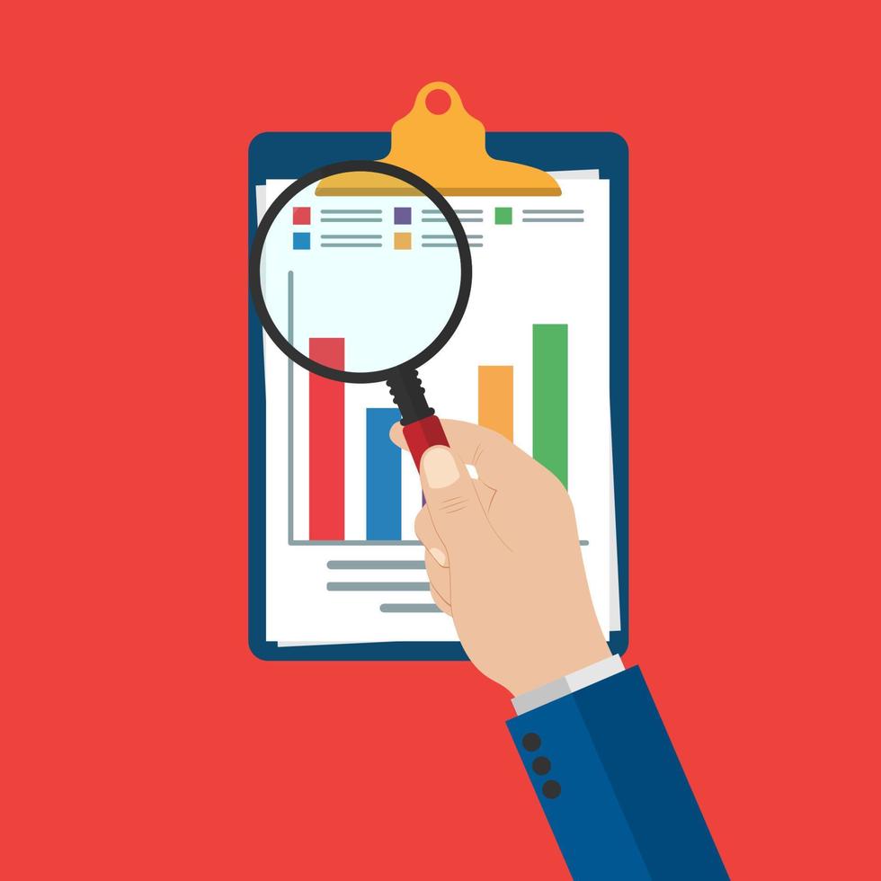 vergrootglas in de hand. audit onderzoeksvectoren icoon, financiële rapport data-analyse, analytics accounting concept met grafieken en diagrammen. vector