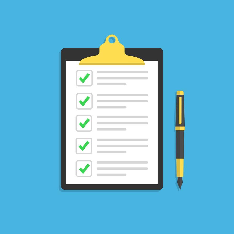 checklist of document met groene vinkjes. aanvraagformulier, voltooide taken, takenlijst, onderzoeksconcepten. balpen en checklist. vector