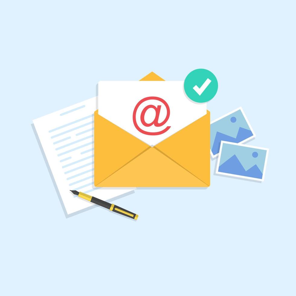 e-mail en messaging, gele envelop met een brief erin, balpen en afbeeldingen. vector