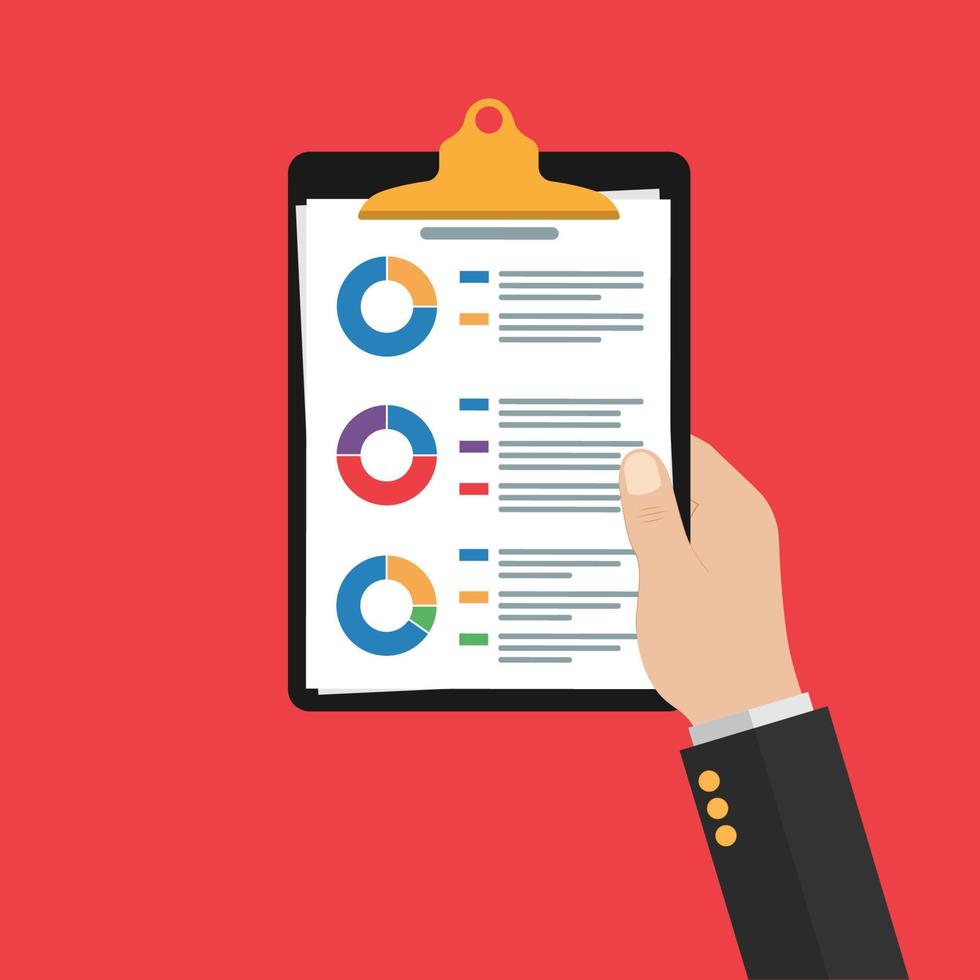 in de hand van man clipboard.audit onderzoek vector icoon, financiële rapport data-analyse, accounting analytics concept met grafieken en diagrammen.